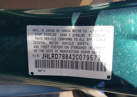 2002 Honda Cr-V Ex from USA, damaged, VIN JHLRD78842C079577